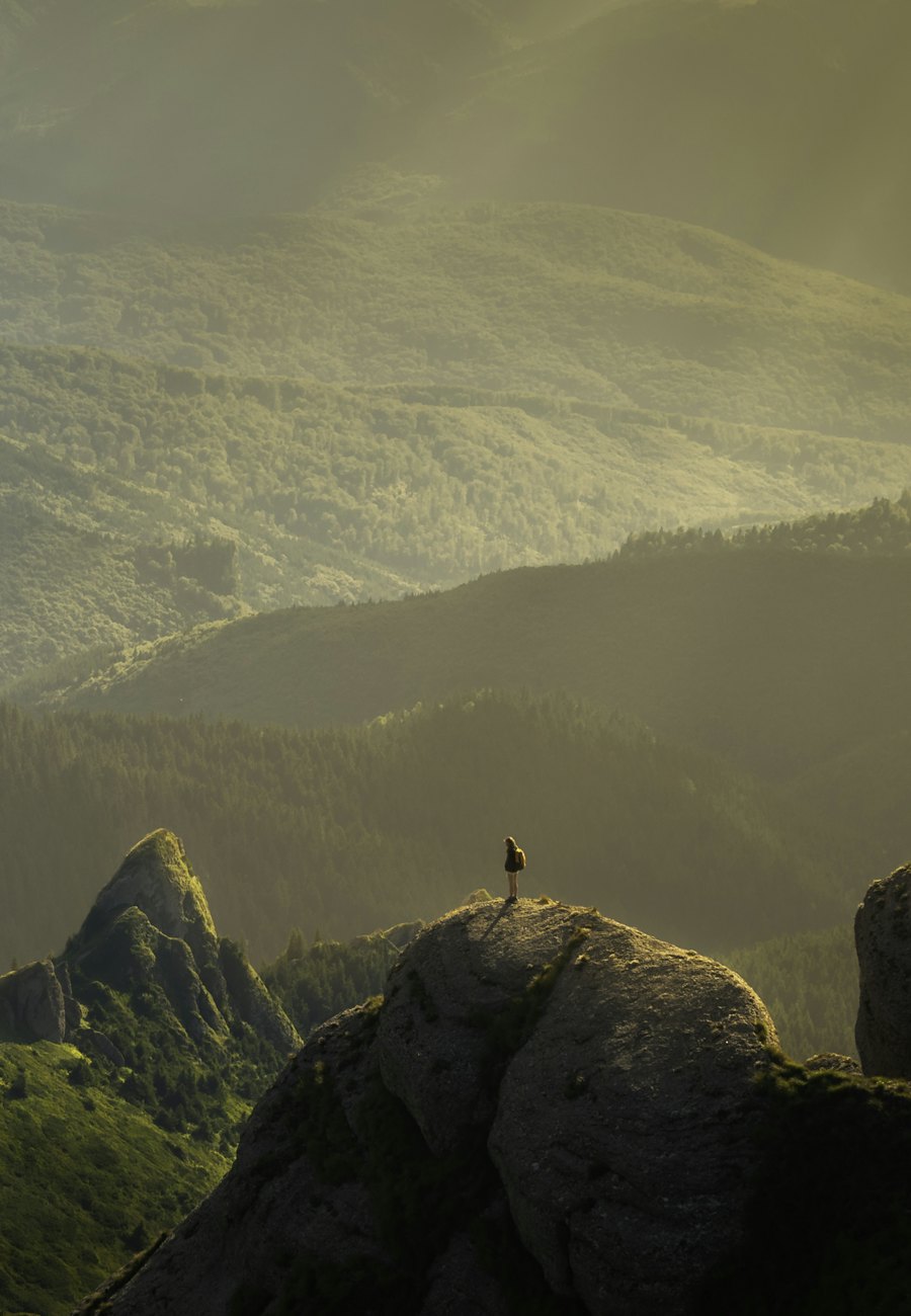 Person standing on a summit above green hills
